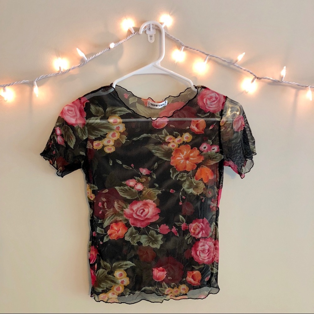 Mesh Sheer Top - Floral with Lettuce Hem